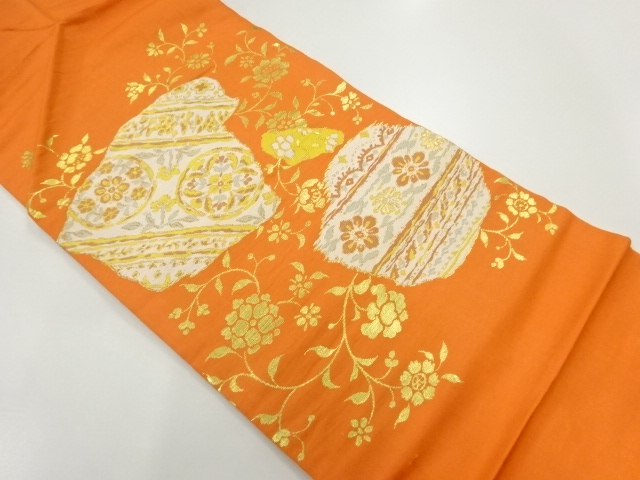 JAPANESE KIMONO / ANTIQUE NAGOYA OBI / SILK / WOVEN FLORAL PLANTS